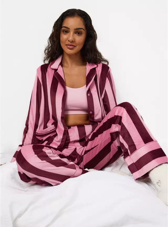 Buy Pink Contrast Stripe Pyjama Top & Bottom Set XL | Pyjamas | Tu | Tu Clothing
