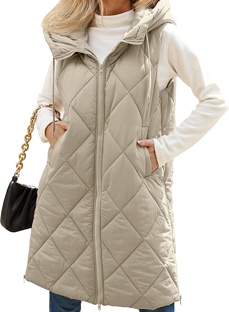 MEROKEETY Womens Sleeveless Quilted Long Puffer Vest Hooded Full Zip Jacket Coats with Pockets | Amazon (US)