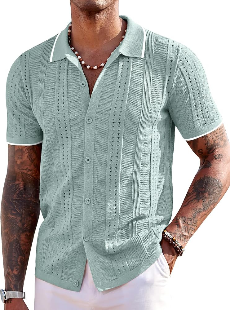 COOFANDY Men's Knit Shirts Short Sleeve Button Down Polo Shirt Fashion Casual Summer Beach Shirts | Amazon (US)