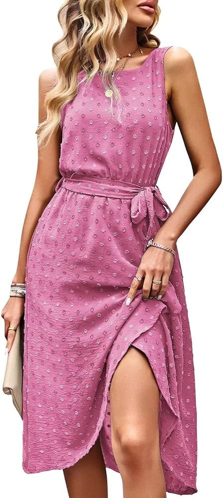 Summer Dresses for Women 2024 Belted Sleeveless Split Midi Dress Casual Crew Neck Boho Sundress w... | Amazon (US)
