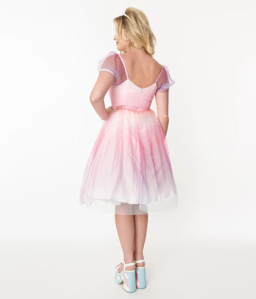 Unique Vintage 1950s Pastel Rainbow Ombre Clip Dot Tulle Sweetheart Fit & Flare Dress | UniqueVintage