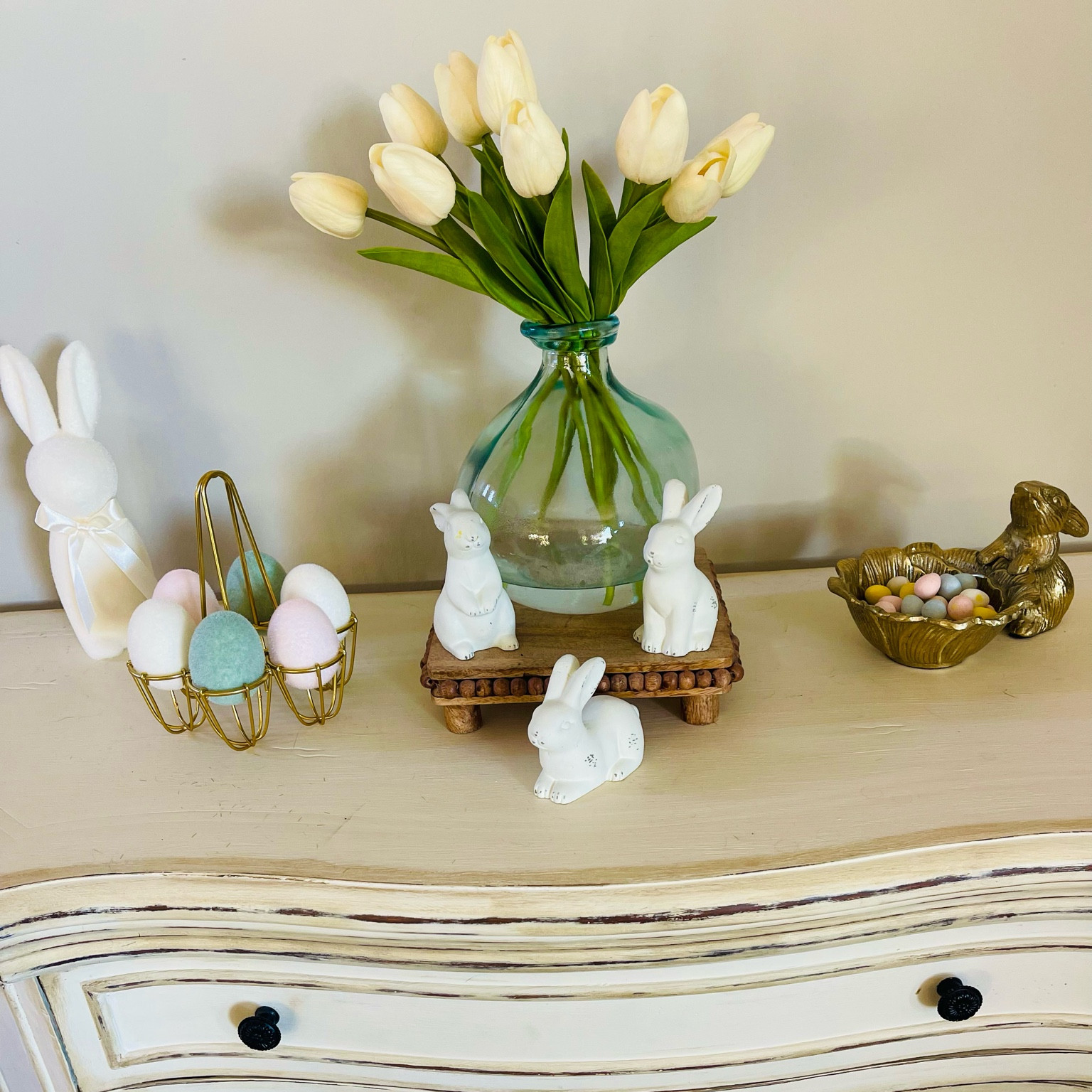 Spring Easter Decor Inspo using things purchased from Amazon, Walmart and Target! The little cement bunnies are actually from the dollar section at Target. 

#LTKhome #LTKSeasonal #LTKfindsunder50