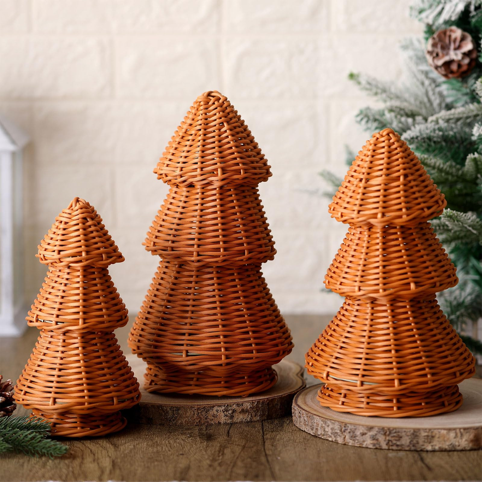 3 Pcs Morden Christmas Decor Woven Christmas Cone Tree Neutral Rattan Xmas Tabletop Centerpiece O... | Amazon (US)