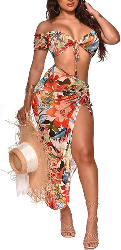 THLAI Women's Two Piece Outfit Printed Lace Up Sexy High Slit Skirt Beach Skirt Set | Amazon (US)