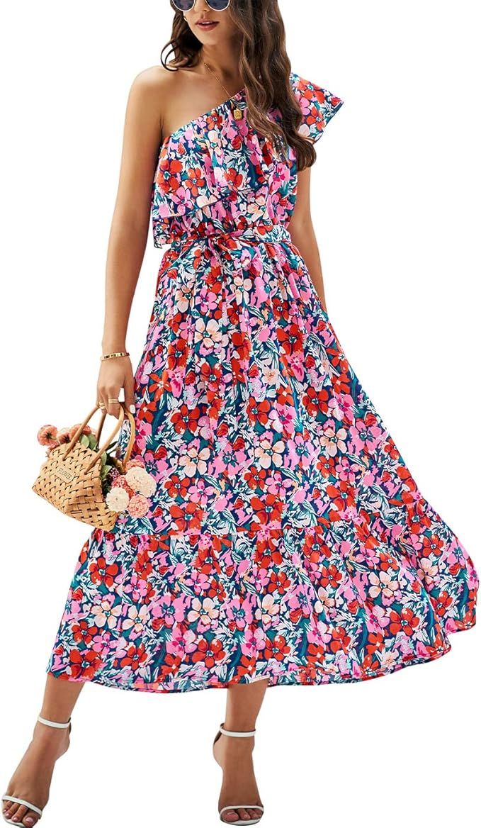 BTFBM Women's One Shoulder Maxi Dress Sleeveless Casual Summer Layered Ruffle Boho Floral Print P... | Amazon (US)