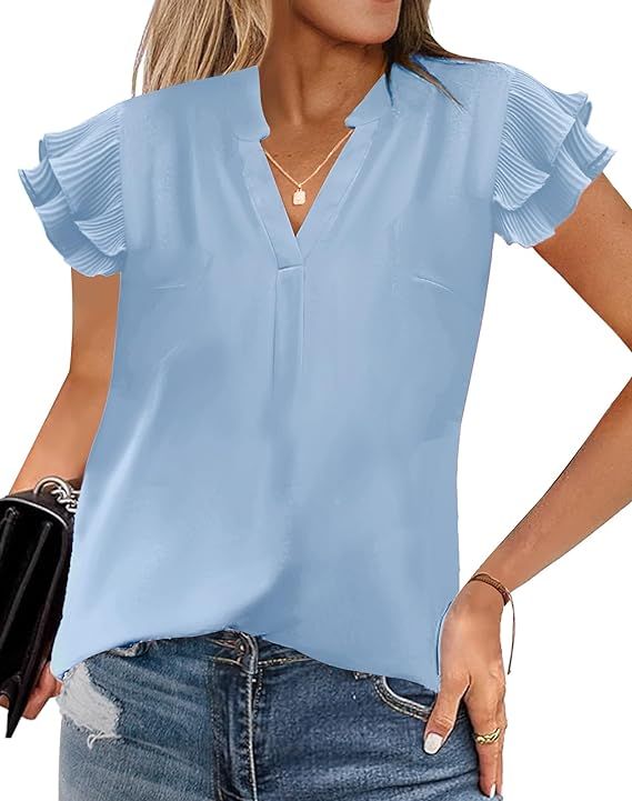 Baccarri Womens Summer Tops Dressy Casual Work Blouses V Neck Ruffle Short Sleeve Shirts Tunics 2... | Amazon (US)