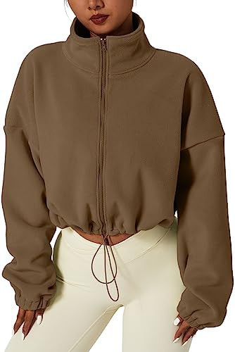 QINSEN Women's Full Zip Fleece Short Jacket Warm Winter Long Sleeve Stand Collar Sherpa Crop Coat | Amazon (US)