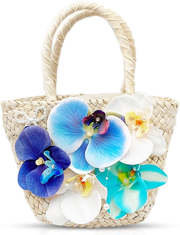 Tote Bag for Women, Cute Phalaenopsis Beach Bag, Mini Straw Bag, Handmade Woven Bag, Unique Carry... | Amazon (US)