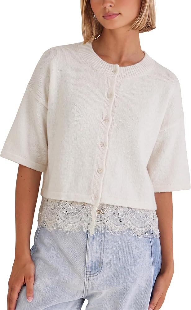 Yidarer Women Short Sleeve Cropped Cardigan Lace Hem Knit Sweater | Amazon (US)