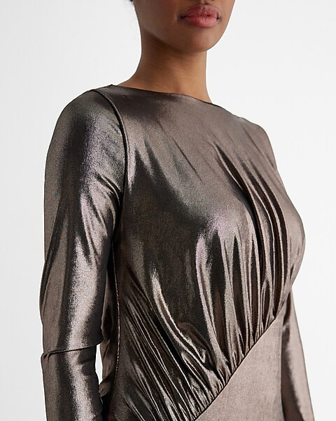 Metallic Boat Neck Long Sleeve Ruched Top Maxi Dress | Express