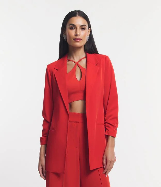 Blazer Alongado de Alfaiataria em Crepe com Rugas nas Mangas Vermelho | Renner (BR)