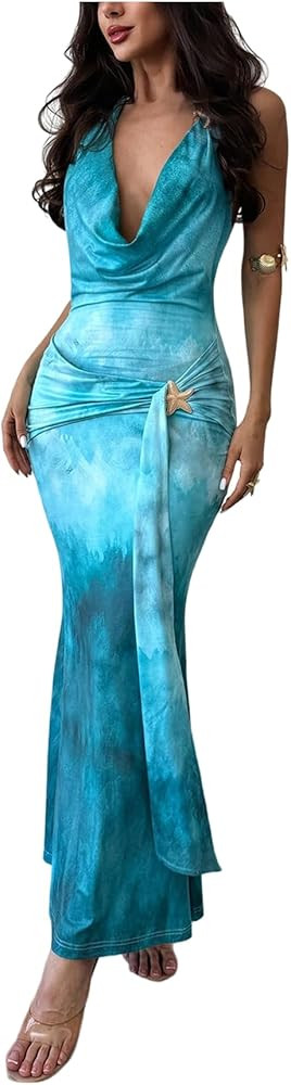 OYOANGLE Women's Tie Dye Sleeveless Fishtail Maxi Dress Starfish Deep V Cowl Neck Evening Cocktai... | Amazon (US)