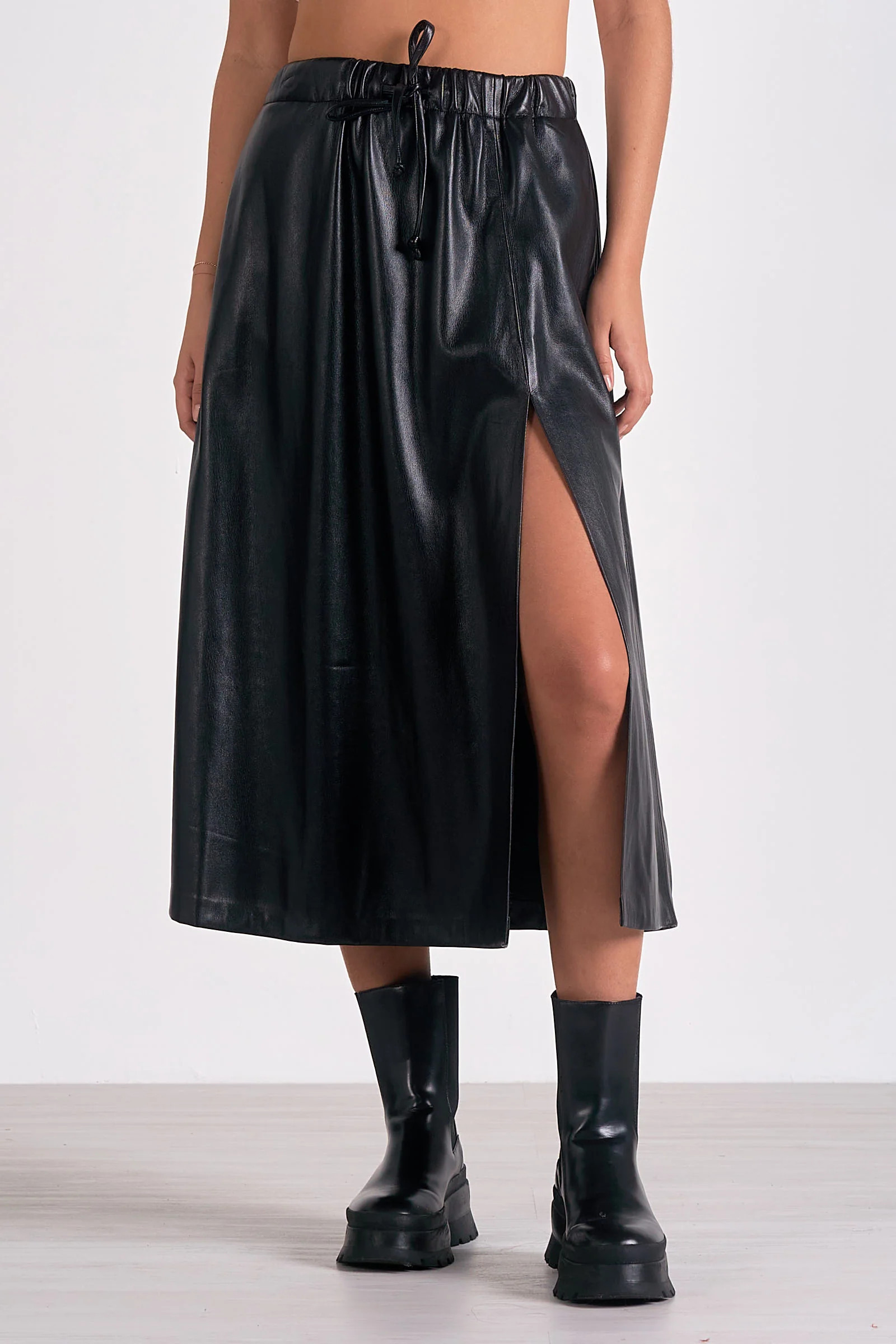 Faux Leather Drawstring Skirt in Black | Sierra Deene