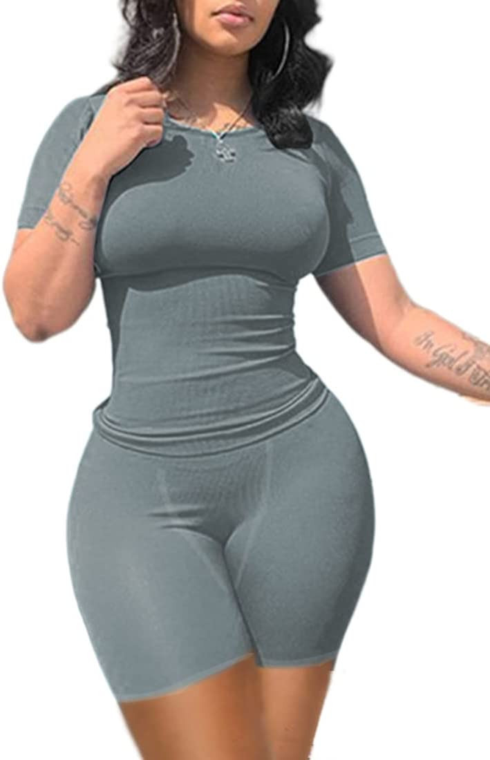 LICOBOD Lounge Wear Ribbed Casual 2 piece summer shorts set for women Short Sleeve Top+Elastic Le... | Amazon (US)
