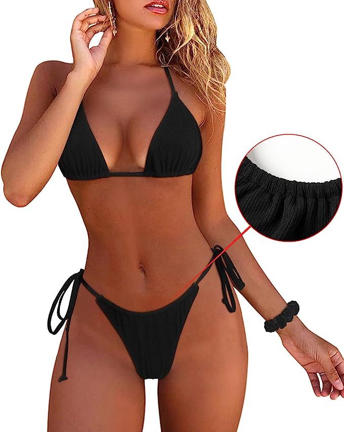 MOSHENGQI Women Sexy Brazilian Bikini 2 Piece Spaghetti Strap Top Thong Swimsuit Bathing Suit | Amazon (US)
