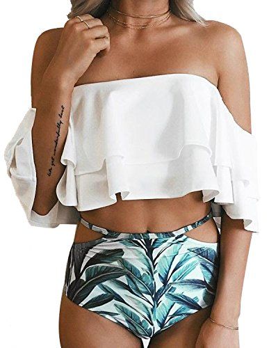 Tempt Me Women Two Piece Off Shoulder Ruffled Flounce Crop Bikini Top with Print Cut Out Bottoms Whi | Amazon (US)
