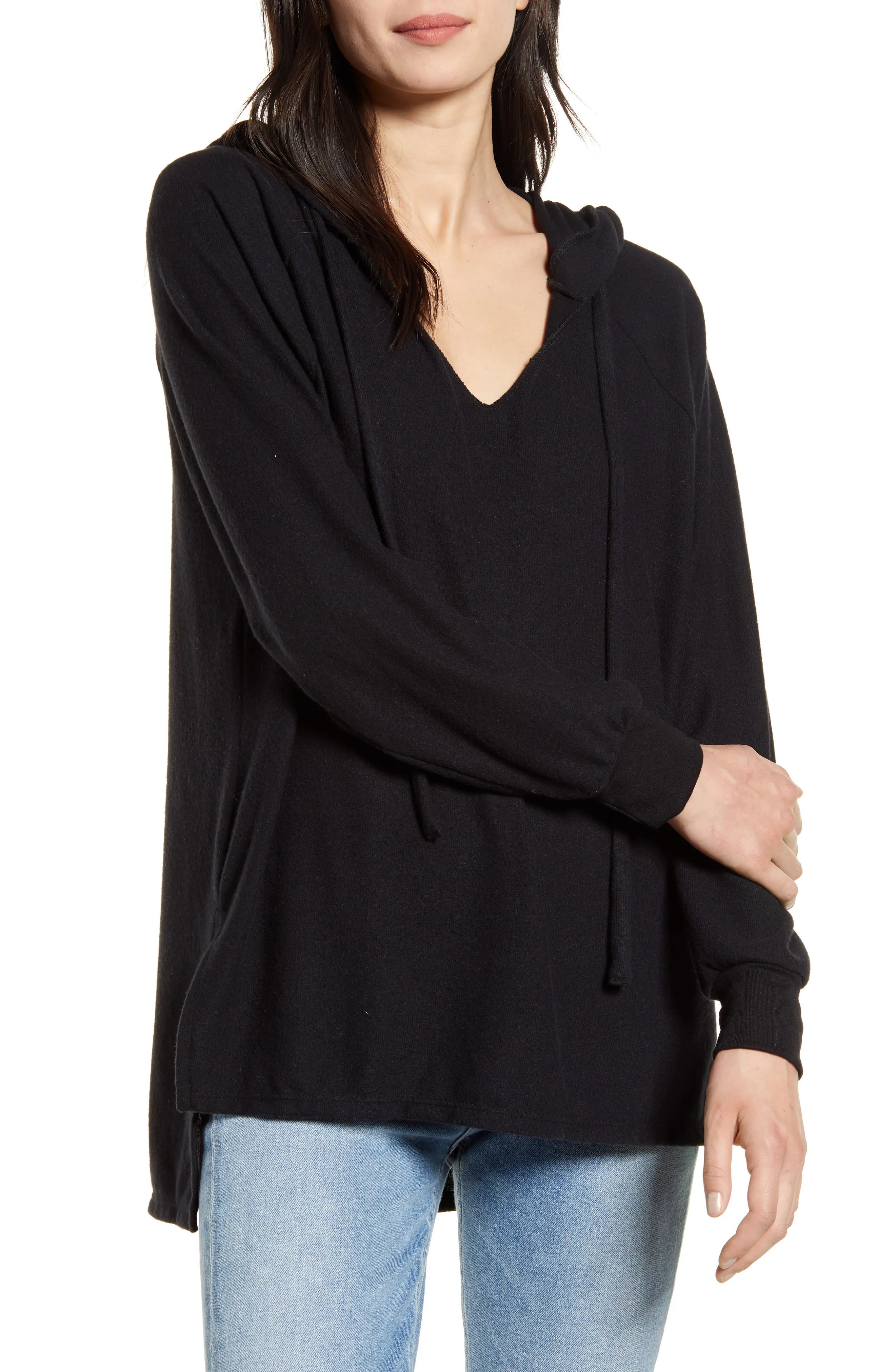 Women's Treasure & Bond Cozy V-Neck Hooded Tunic Top, Size XX-Small - Black | Nordstrom