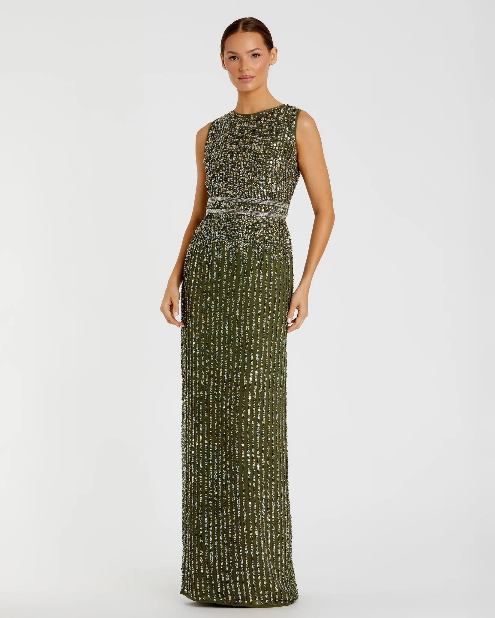 Sequined High Neck Sleeveless Column Gown_olive | Mac Duggal