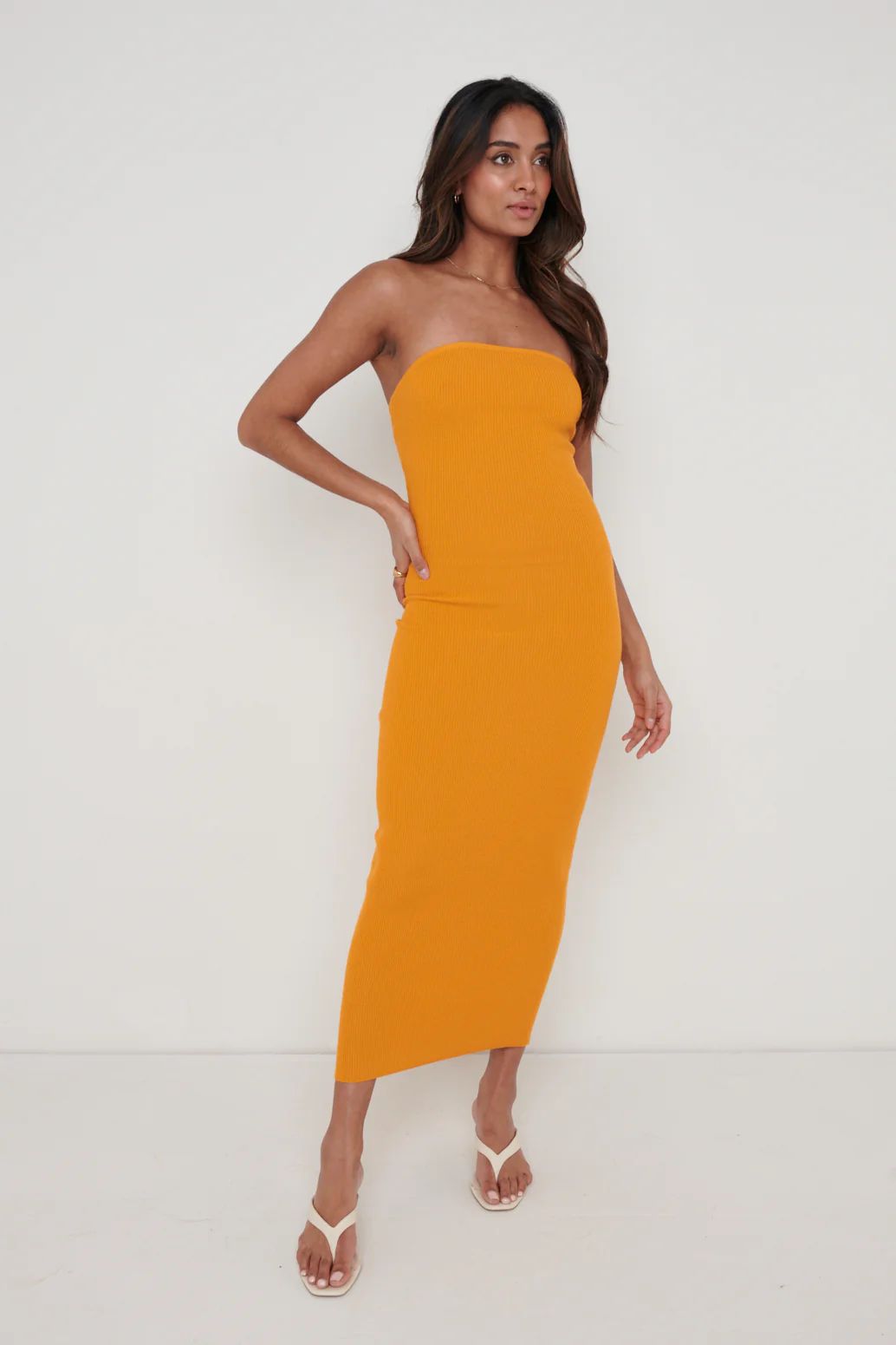 Keira Bandeau Midaxi Knit Dress - Tangerine | Pretty Lavish (UK)