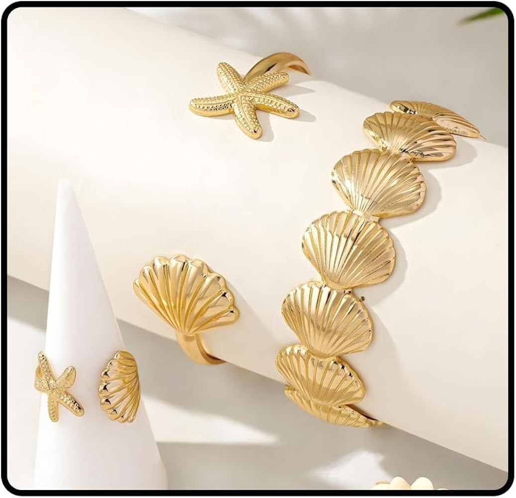 Golden Shell Bracelet Set For Women, Gold Summer Beach Seashell Stackable Bracelets Statement Ope... | Amazon (US)