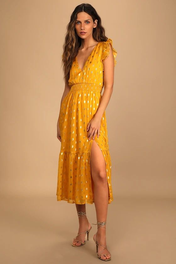 Cause to Celebrate Yellow and Gold Dot Ruffled Tiered Midi Dress | Lulus (US)