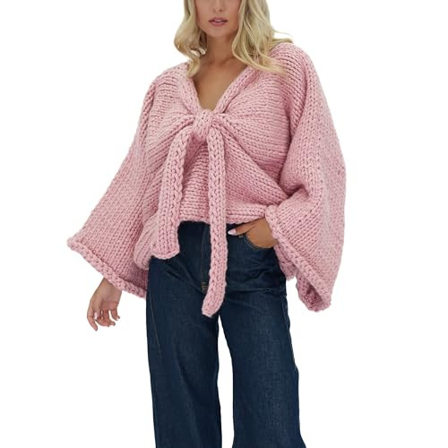 Women Y2k Bow Sweater Oversized Long Bell Sleeve Knitted Pullover Sweaters Aesthetic Graphic Preppy Jumper Tops Knitwear Pink | Amazon (US)