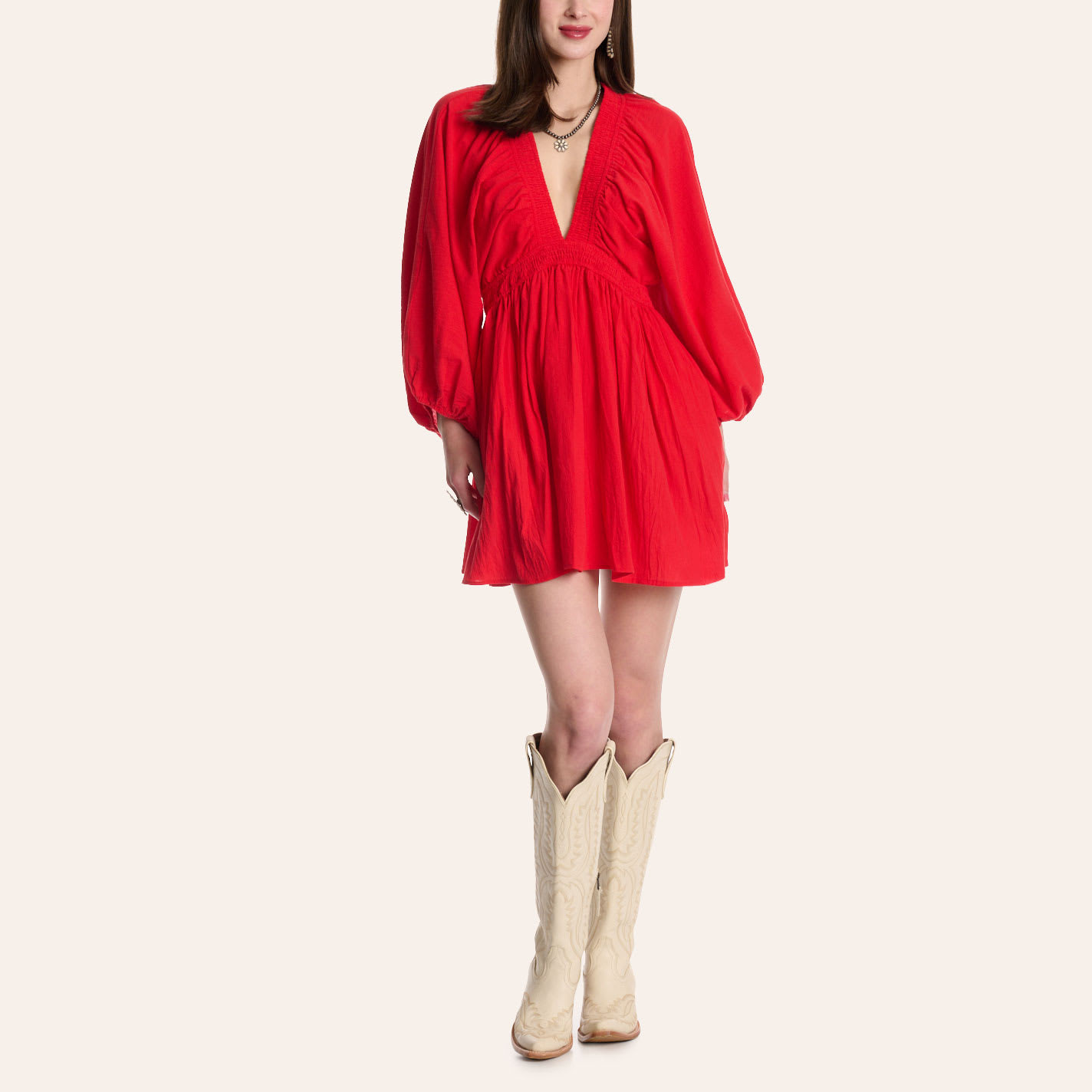HYFVE Women's Red V-Neck Long Sleeve Babydoll Dress - M - From Cavender's | Cavender's