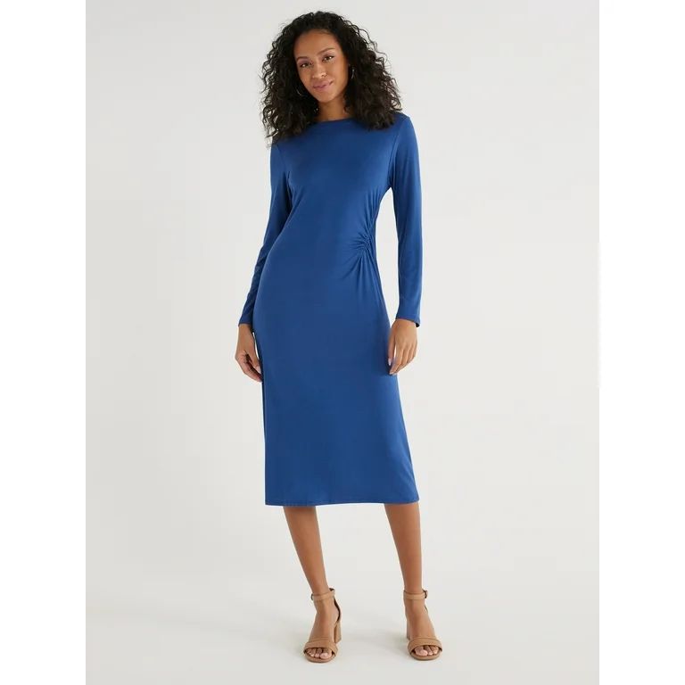 Time and Tru Women?s Long Sleeve Ruched Midi Dress - Walmart.com | Walmart (US)