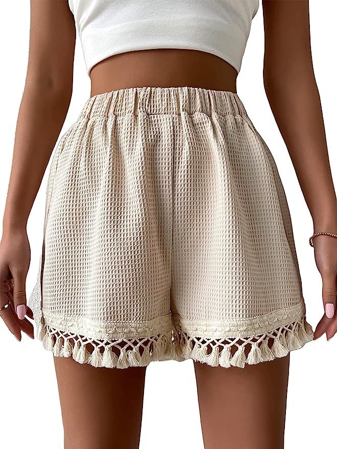 MakeMeChic Women's Casual Elastic High Waisted Tassel Wide Leg Summer Beach Shorts | Amazon (US)