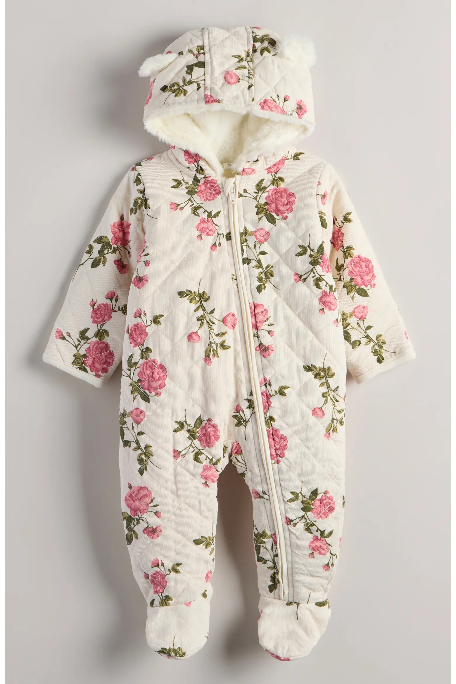 Nordstrom Hooded Quilted Fleece Lined Bunting in Ivory Egret Multi Floral at Nordstrom, Size 3M | Nordstrom