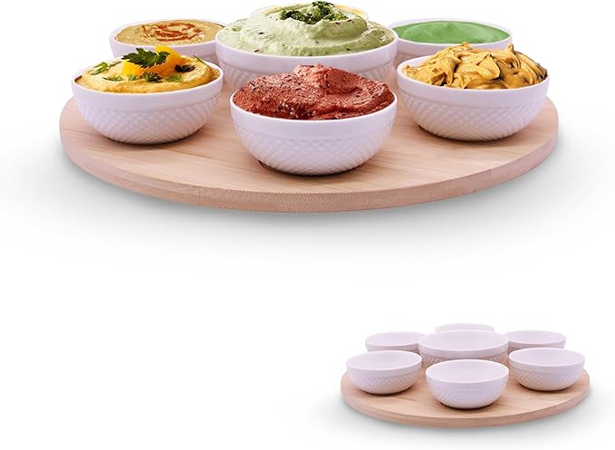 Rotating Bamboo Serving Tray with 6 Small Ceramic Condiment Bowls and 1 Larger Center Bowl - Lazy... | Amazon (US)