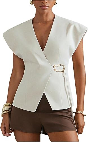 GORGLITTER Women's Wrap Vest Cinched Waist Top V Neck Cap Sleeve Waistcoat Dressy Going Out Tops ... | Amazon (US)