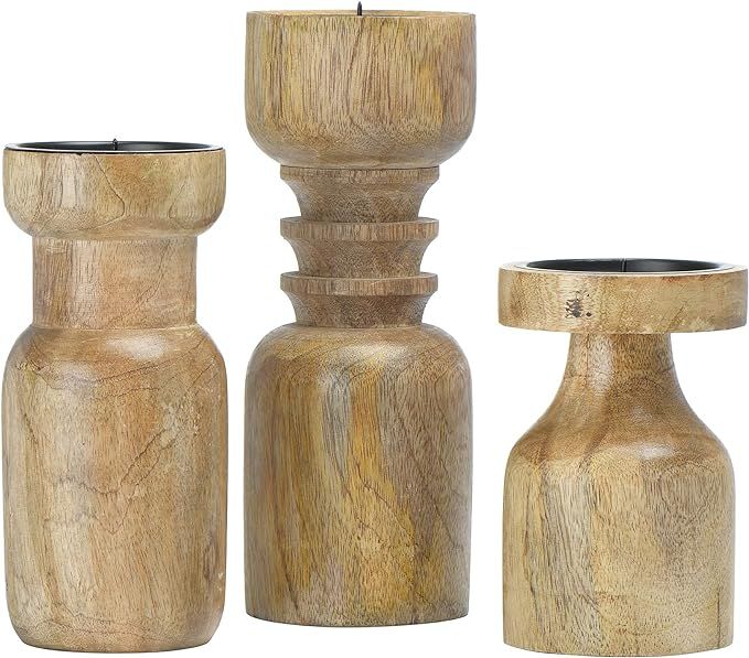 Main + Mesa Turned Wood Pillar Candle Holders, Set of 3 | Amazon (US)