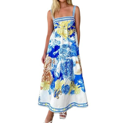 Women Summer Boho Floral Maxi Dress Spaghetti Strap Flowy Beach Vacation Dress Long Swing Holiday Party Sundress | Amazon (US)