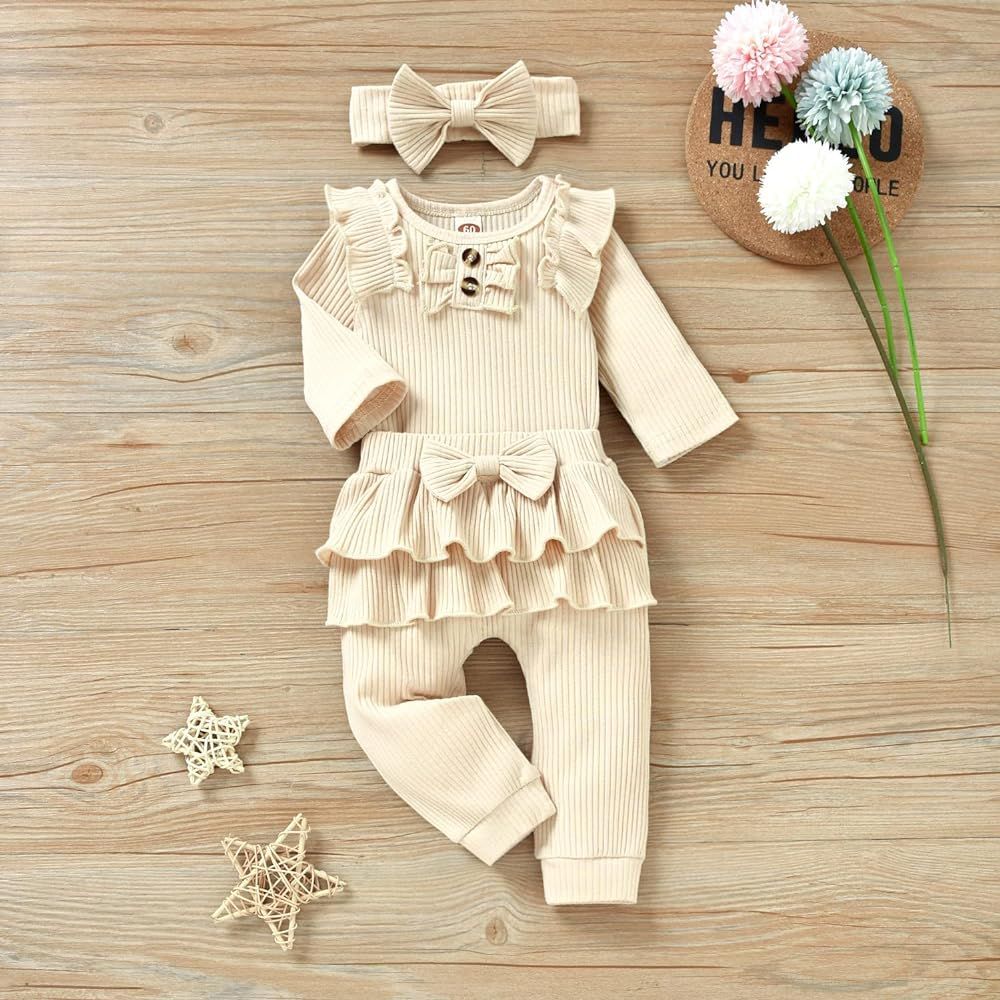 Preemie Newborn Infant Baby Girls Clothes Ribbed Bodysuit Pants Set Fall Winter Outfits | Amazon (US)
