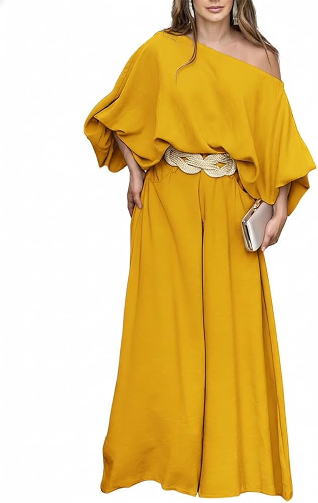 CHICME Women Summer 2 Piece Outfits Off Shoulder Top Flowy Wide Leg Pants Set Vacation Travel Air... | Amazon (US)