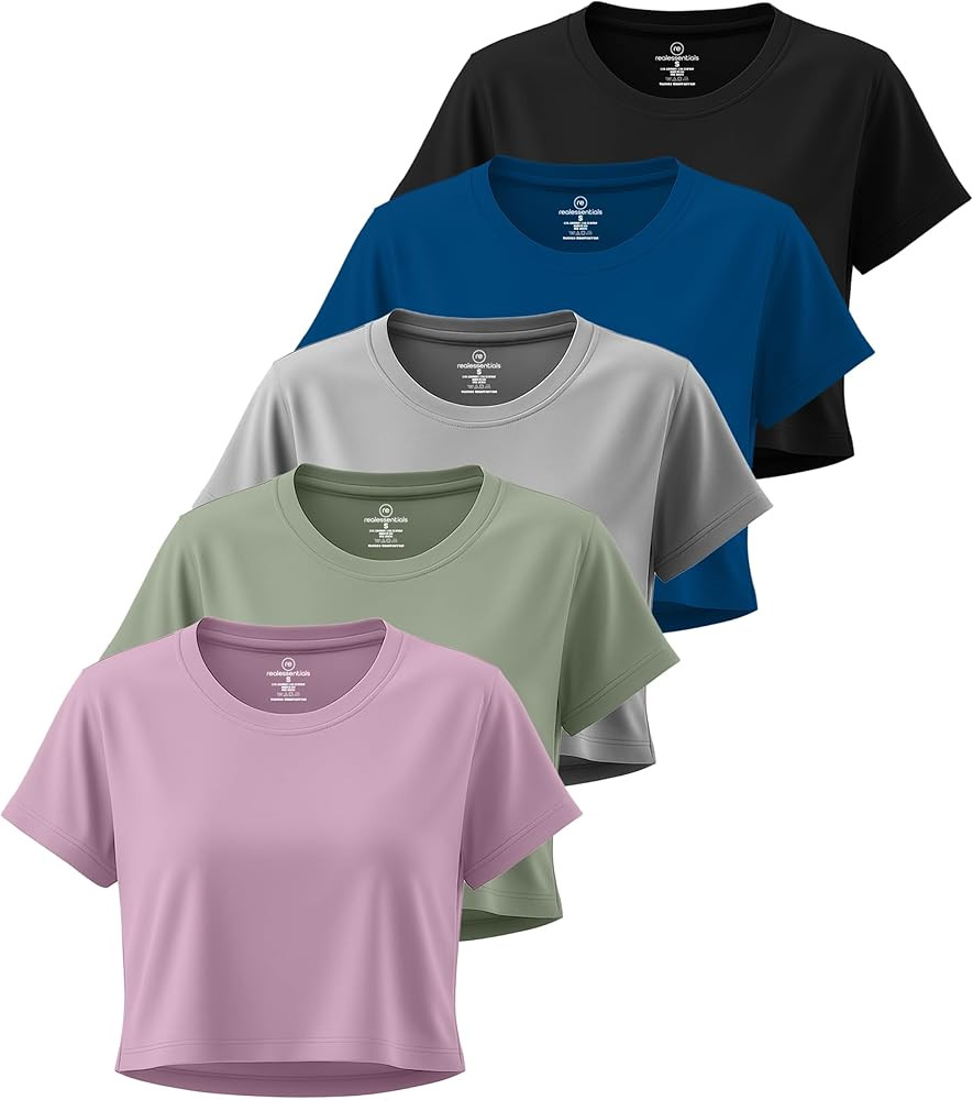 Real Essentials 5 Pack: Women's Dry-Fit Crop Top Short Sleeve Shirts Workout Gym Cropped Athletic... | Amazon (US)