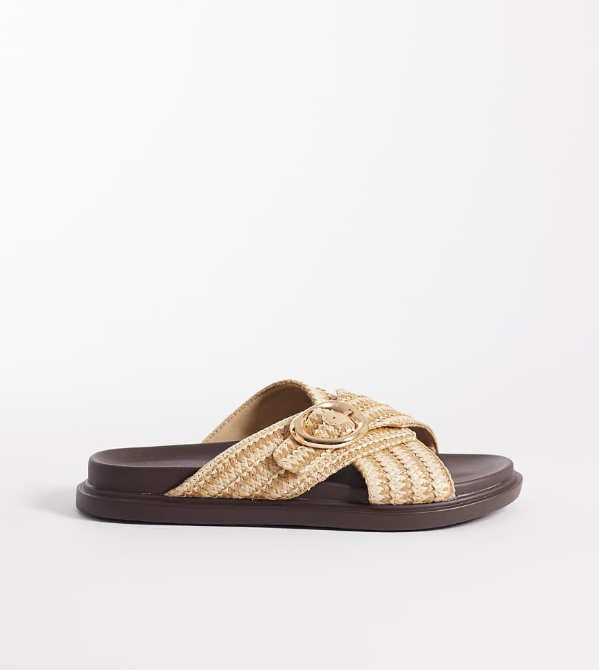 London Rebel Wide Fit Raya flat sandals with buckle detailing in cream raffia-Brown | ASOS (Global)