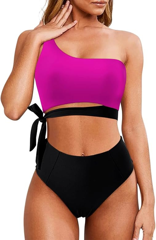 MOOSLOVER Women One Shoulder High Waisted Bikini Tie High Cut Two Piece Swimsuits | Amazon (US)