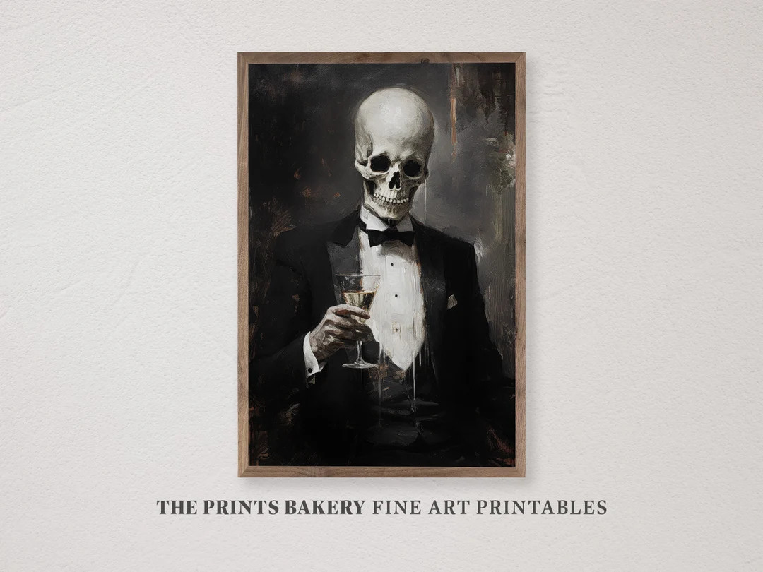 PRINTABLE Halloween Wall Art Skeleton in Tuxedo Cheers - Etsy | Etsy (US)