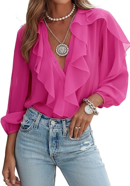 Women's Ruffled Button Down Shirts Dressy Business Casual Long Sleeve V Neck Elegant Blouse Tops | Amazon (US)