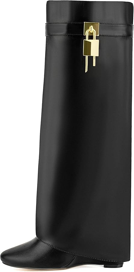 HYYH CFPL Fold Over Knee High Boots for Women Pointy Pull-on Wedge Heel Knee Shark Boot with Side... | Amazon (US)