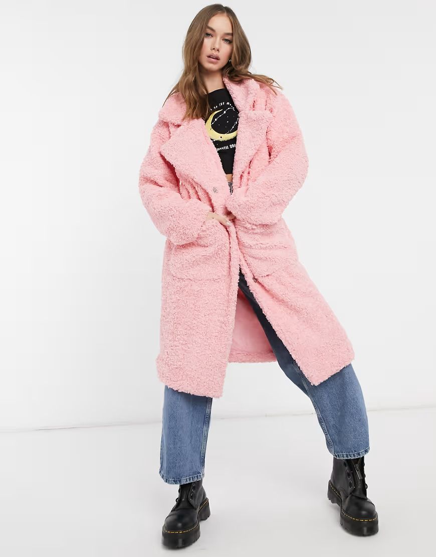 Daisy Street oversized longline coat in teddy fleece-Pink | ASOS (Global)