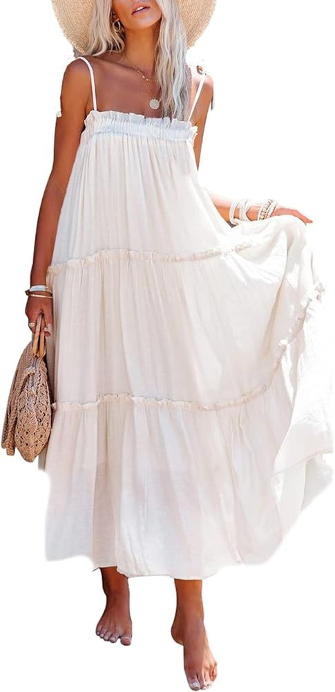 Women's Summer Boho Smocked Spaghetti Strap Sleeveless Tiered Beach Long Maxi Dress | Amazon (US)