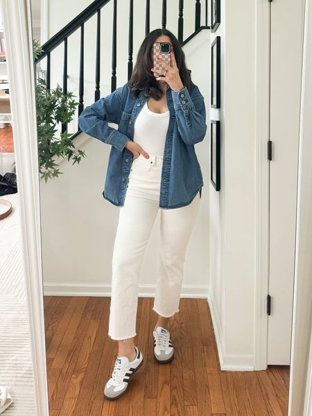 Weekend elevated spring casual outfit 
With white jeans and denim shirt 

#LTKfindsunder50 #LTKstyletip #LTKfindsunder100