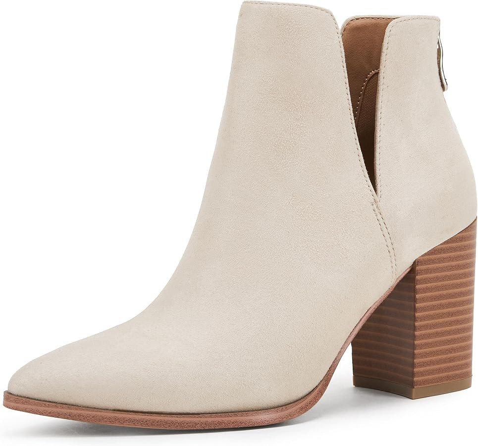 SERAIH Womens Pointed Toe Ankle Booties Stacked Mid Block Heel Cutout Back Zipper Shoes Faux Leat... | Amazon (US)
