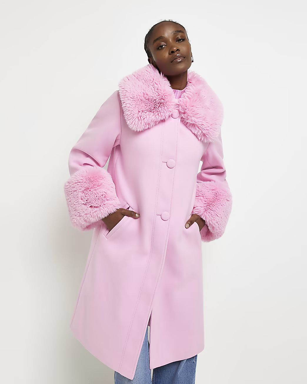 Pink faux fur detail longline coat | River Island (US)