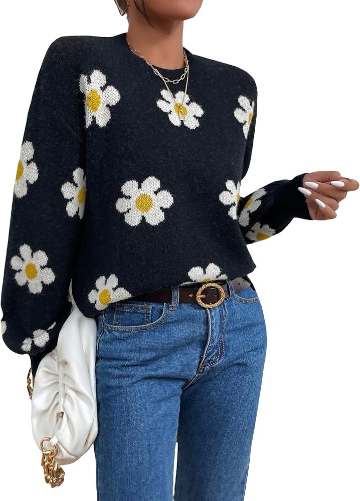 OYOANGLE Women's Floral Ribbed Knit Long Sleeve Crew Neck Top Drop Shoulder Loose Sweater | Amazon (US)
