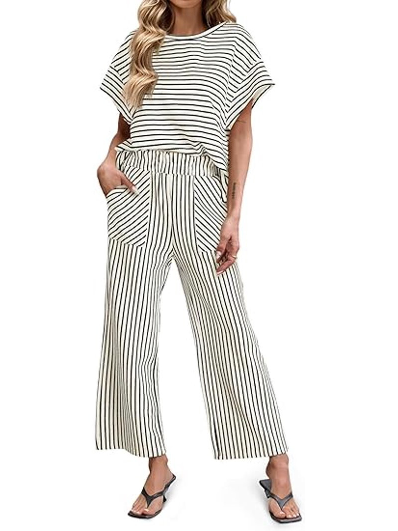 UZMOG Lounge Sets for Women, Striped 2 Piece Pajamas for Women Set Short Sleeve T Shirts Wide Leg... | Walmart (US)