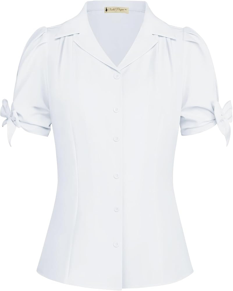 Belle Poque Women Puff Sleeve Blouse Vintage V Neck Slim Fit Shirt | Amazon (UK)